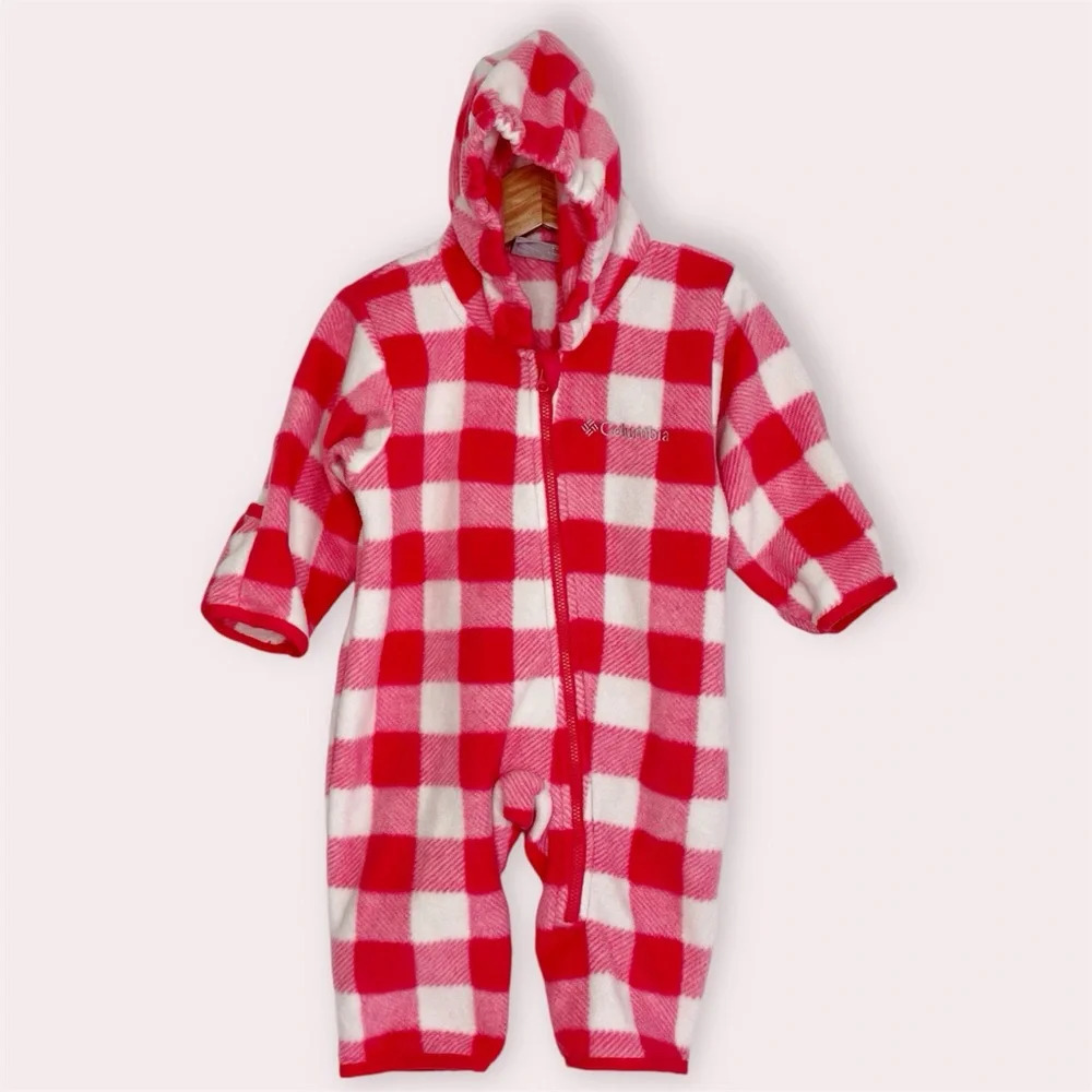 Columbia fleece snowsuit bunting hooded pink buffalo check‎ plaid size 6 months